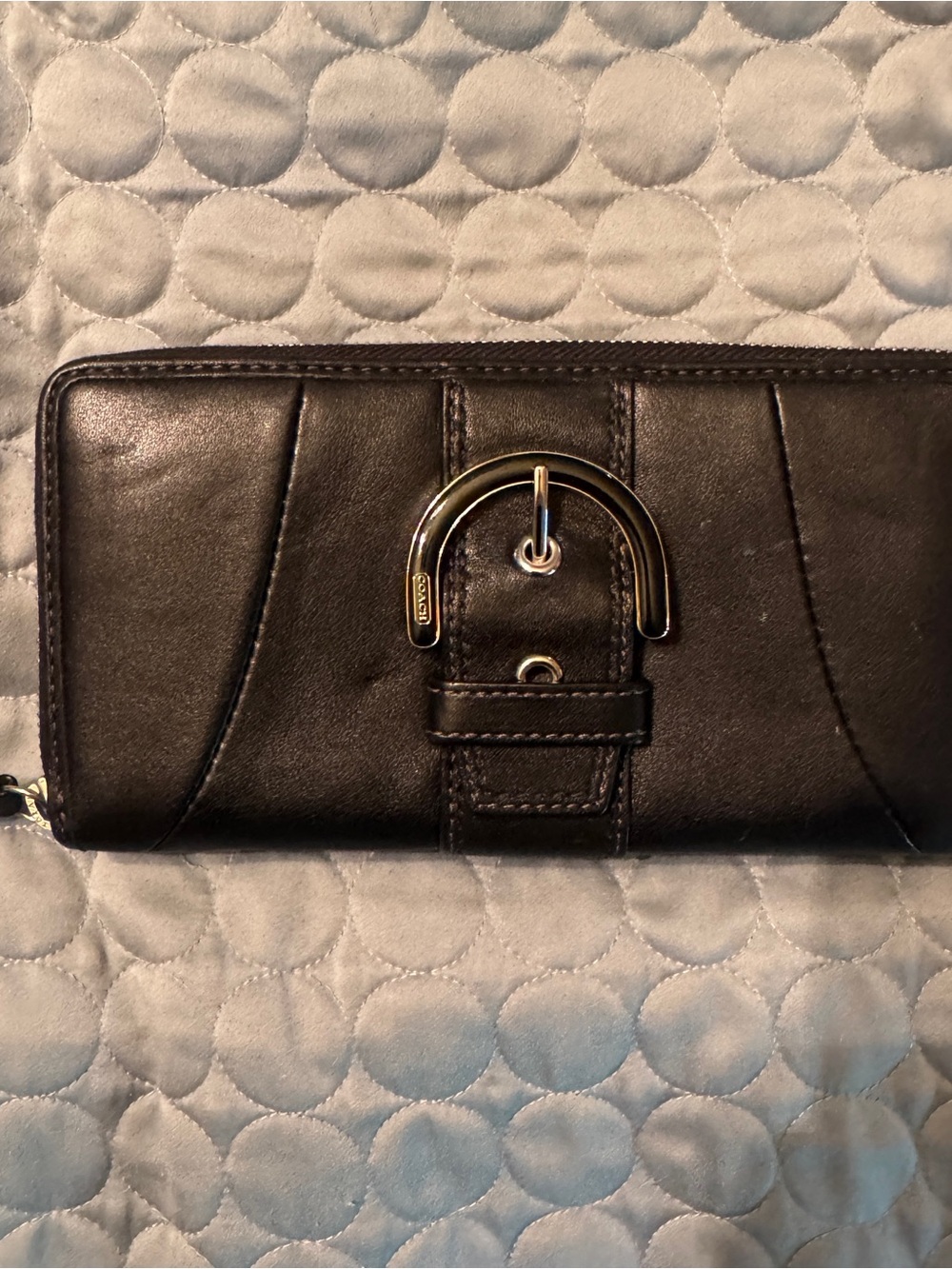 Coach Black Leather Zip-Around Wallet with Black Enamel Buckle